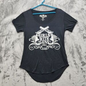 Girls With Guns Top Womens XL Black Graphic Tee High Low Hem Short Sleeve Casual